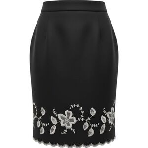 Larry Levine Petite Black Linen Blend Floral Embroidered A-Line Skirt 6P